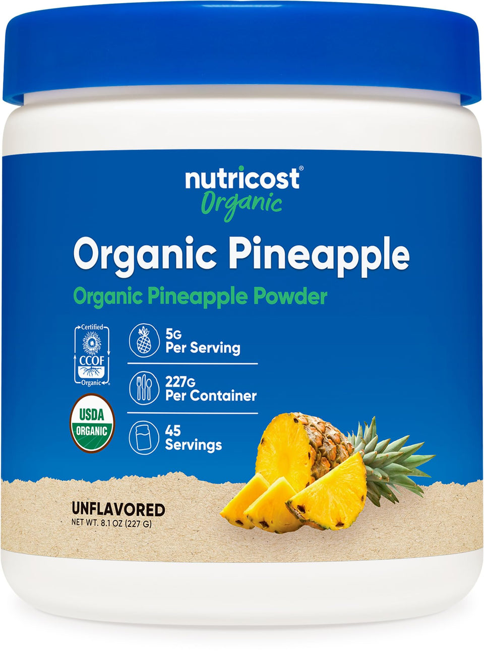 Nutricost Organic Pineapple Powder bottle displaying USDA Organic certification.