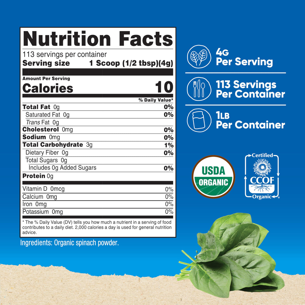 Scoop included with Nutricost Organic Spinach Powder for precise portions