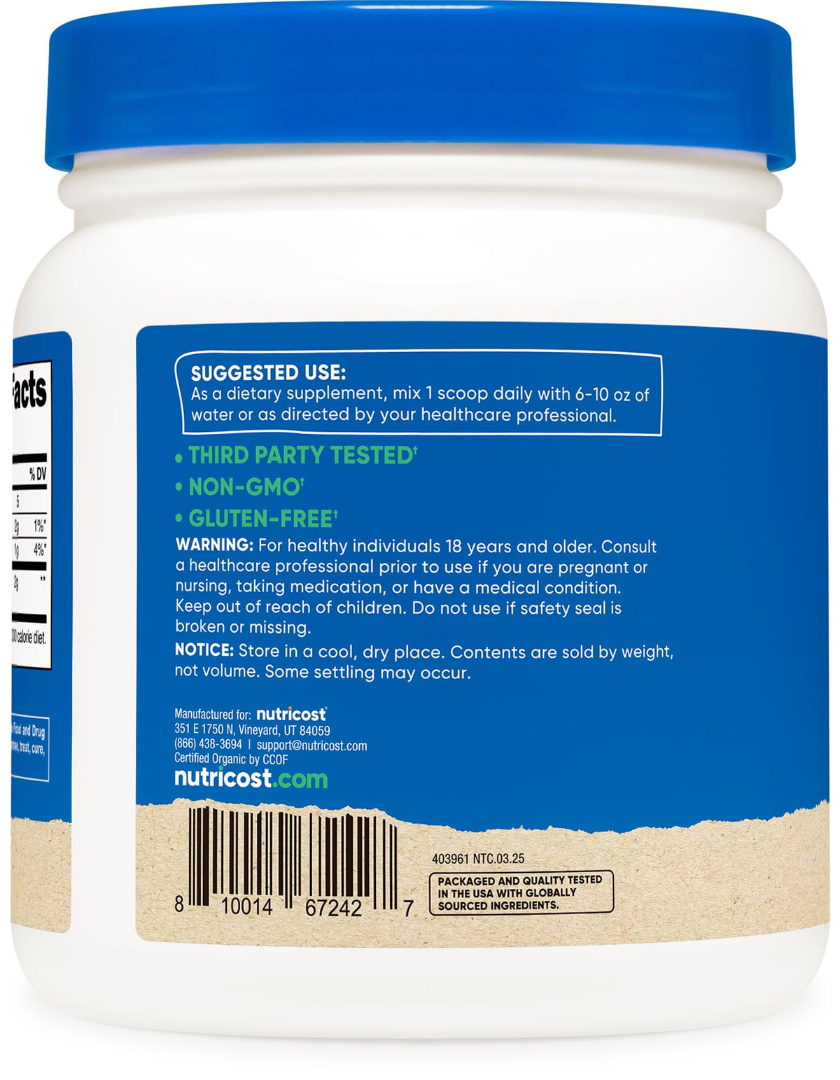 Nutricost Organic Turmeric Root Powder jar on shelf in pantry