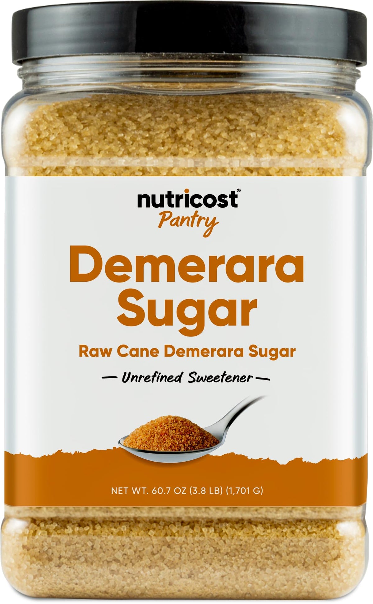 Nutricost Pantry Demerara Sugar 4lb bottle with golden crystals.