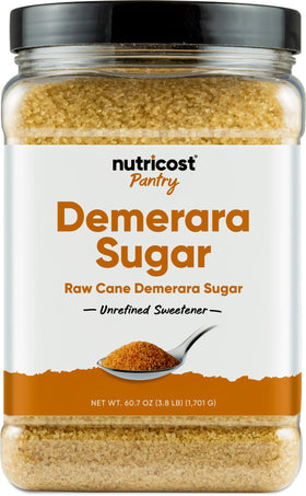 Nutricost Pantry Demerara Sugar 4lb bottle with golden crystals.