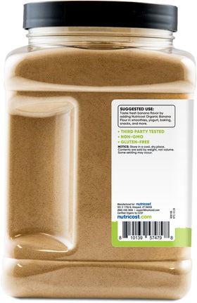 Nutricost Banana flour badge shows gluten-free and GMO-free option for diets.