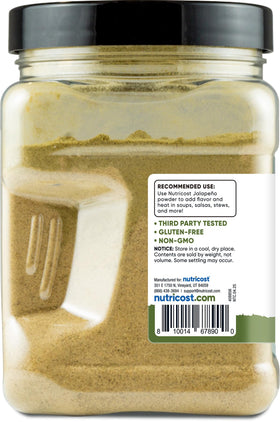 Compact Nutricost Jalapeño Powder shaker, ideal for spicy snack prep.