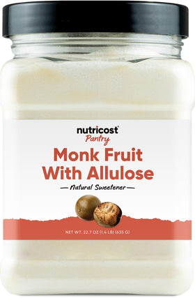Nutricost Pantry Monk Fruit with Allulose powder bag closeup for natural baking sweetener.