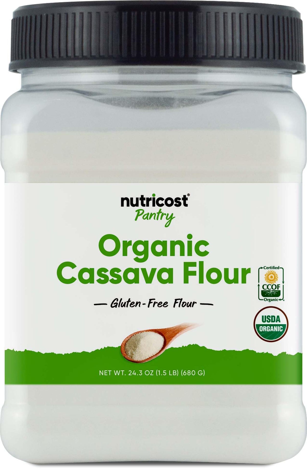 Nutricost Cassava Flour bottle close-up for gluten-free baking versatility