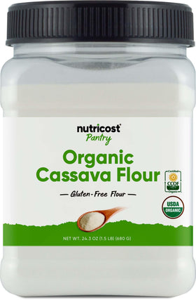 Nutricost Cassava Flour bottle close-up for gluten-free baking versatility