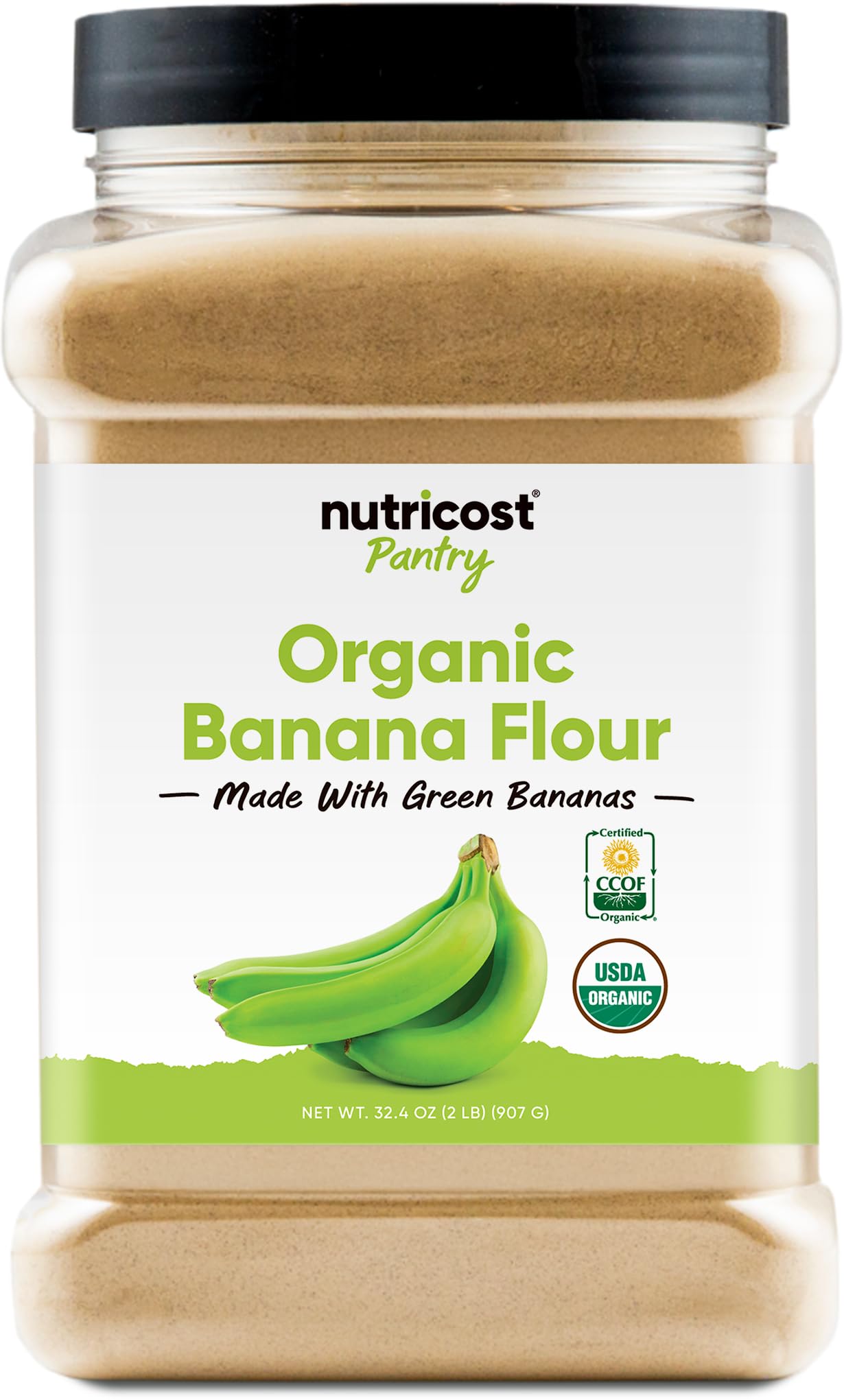 Nutricost Pantry Organic Green Banana Flour 2lb bag on shelf, ideal for gluten-free baking.