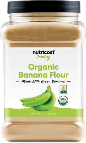 Nutricost Pantry Organic Green Banana Flour 2lb bag on shelf, ideal for gluten-free baking.