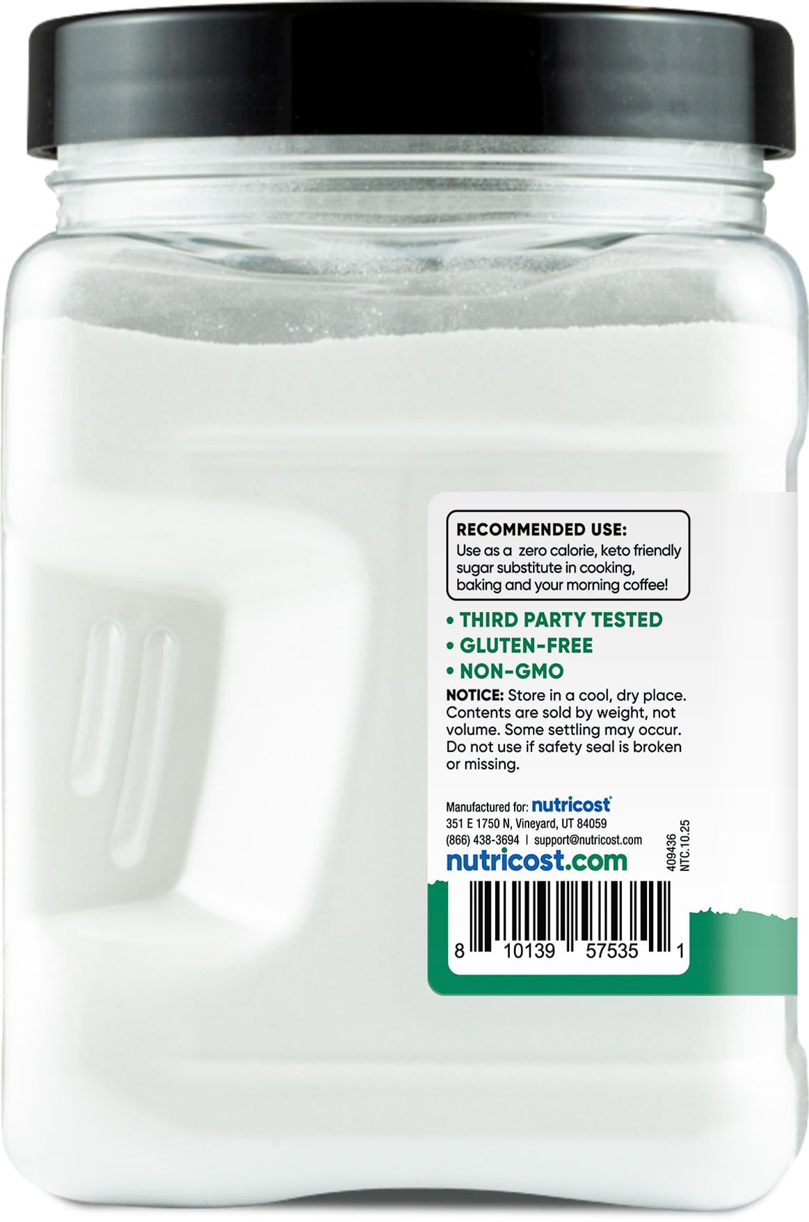 Packaging close-up for Nutricost Pantry Stevia with Allulose showing gluten-free and GMO-free labels