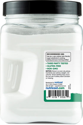 Packaging close-up for Nutricost Pantry Stevia with Allulose showing gluten-free and GMO-free labels