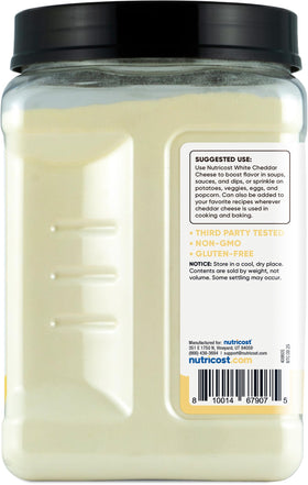 Nutricost Pantry White Cheddar Cheese Powder atop baked goods for savory depth