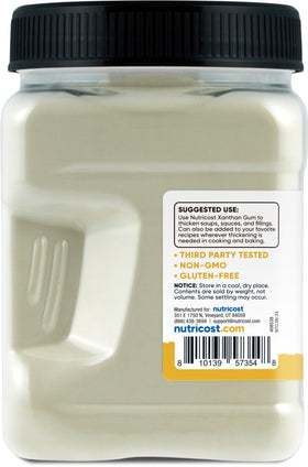Nutricost Xanthan Gum label shows gluten-free and GMO-free certifications.