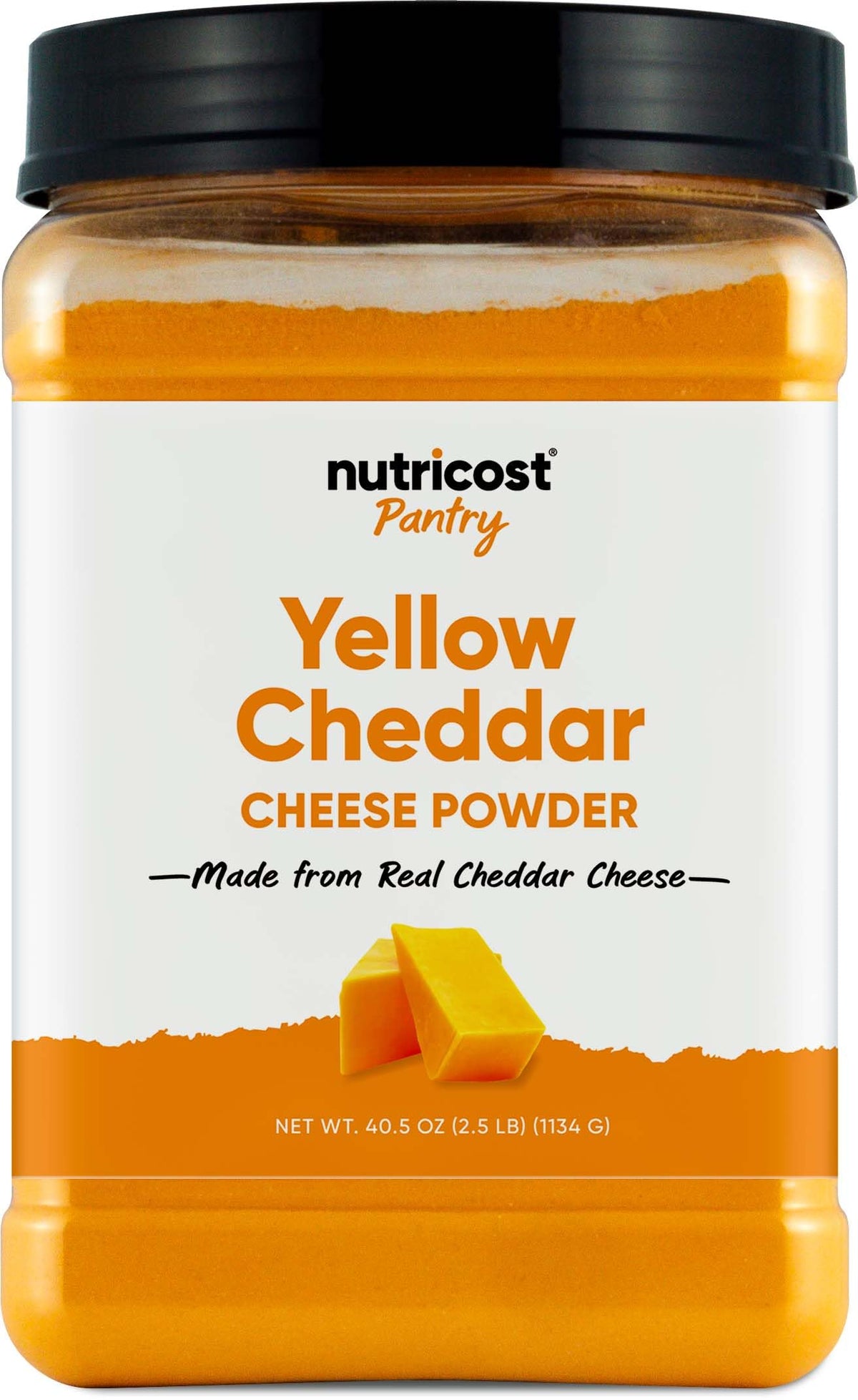 Nutricost Pantry Yellow Cheddar Cheese Powder bottle front showing the product and label