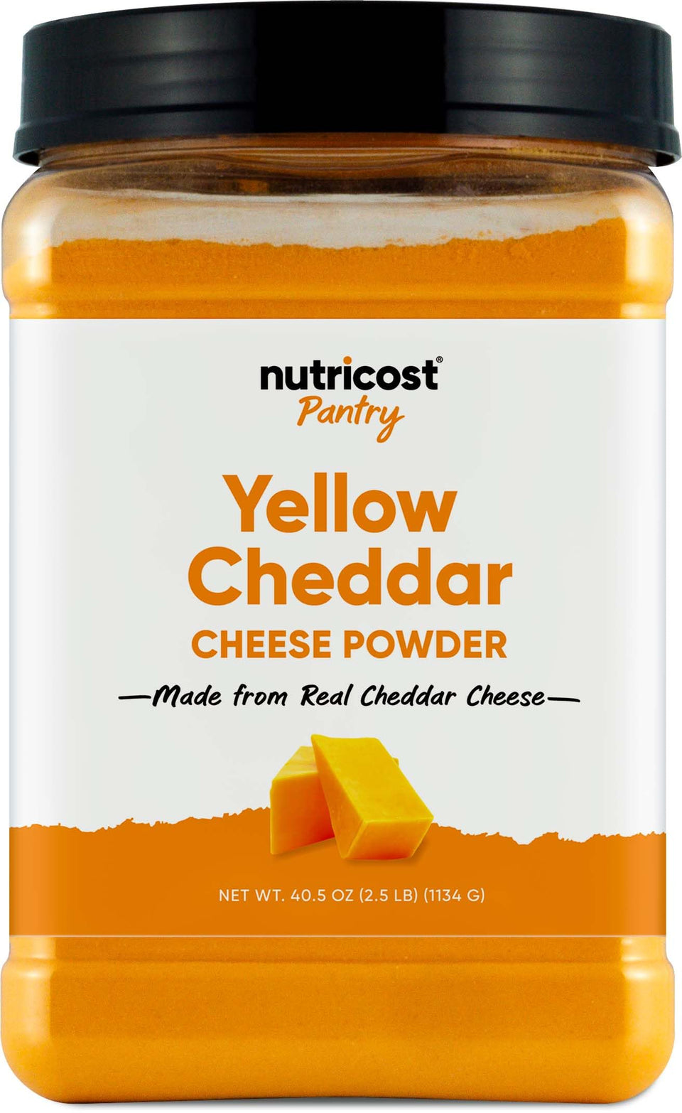 Nutricost Pantry Yellow Cheddar Cheese Powder bottle front showing the product and label