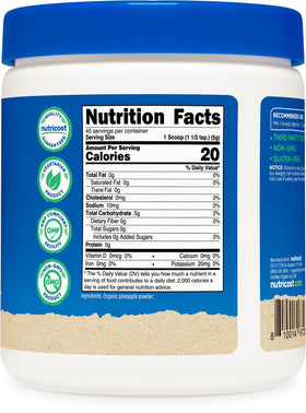 Nutricost Organic Pineapple Powder in glass with spoon for tropical flavor.