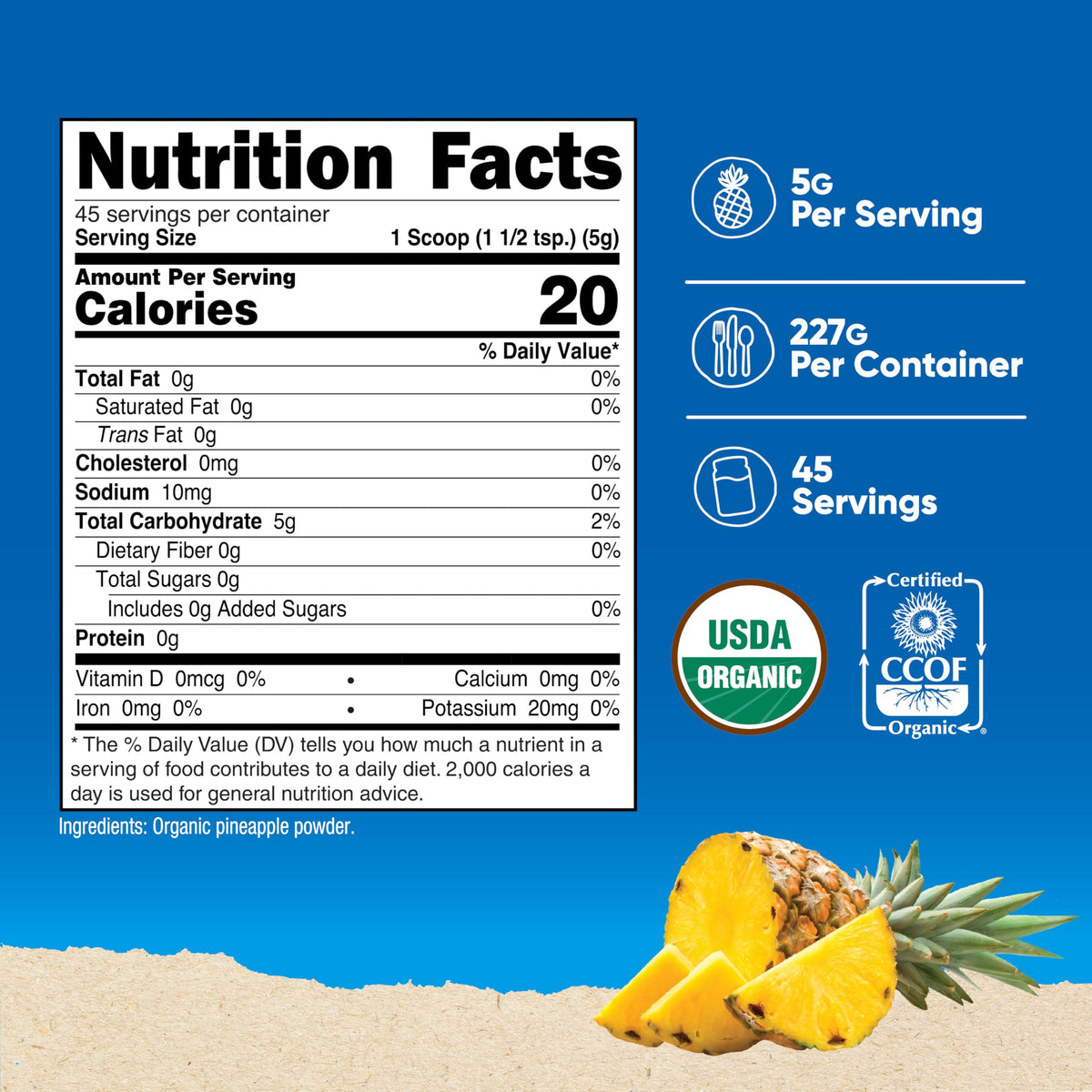 Nutricost Pineapple Powder scoop beside bag showing convenient packaging.