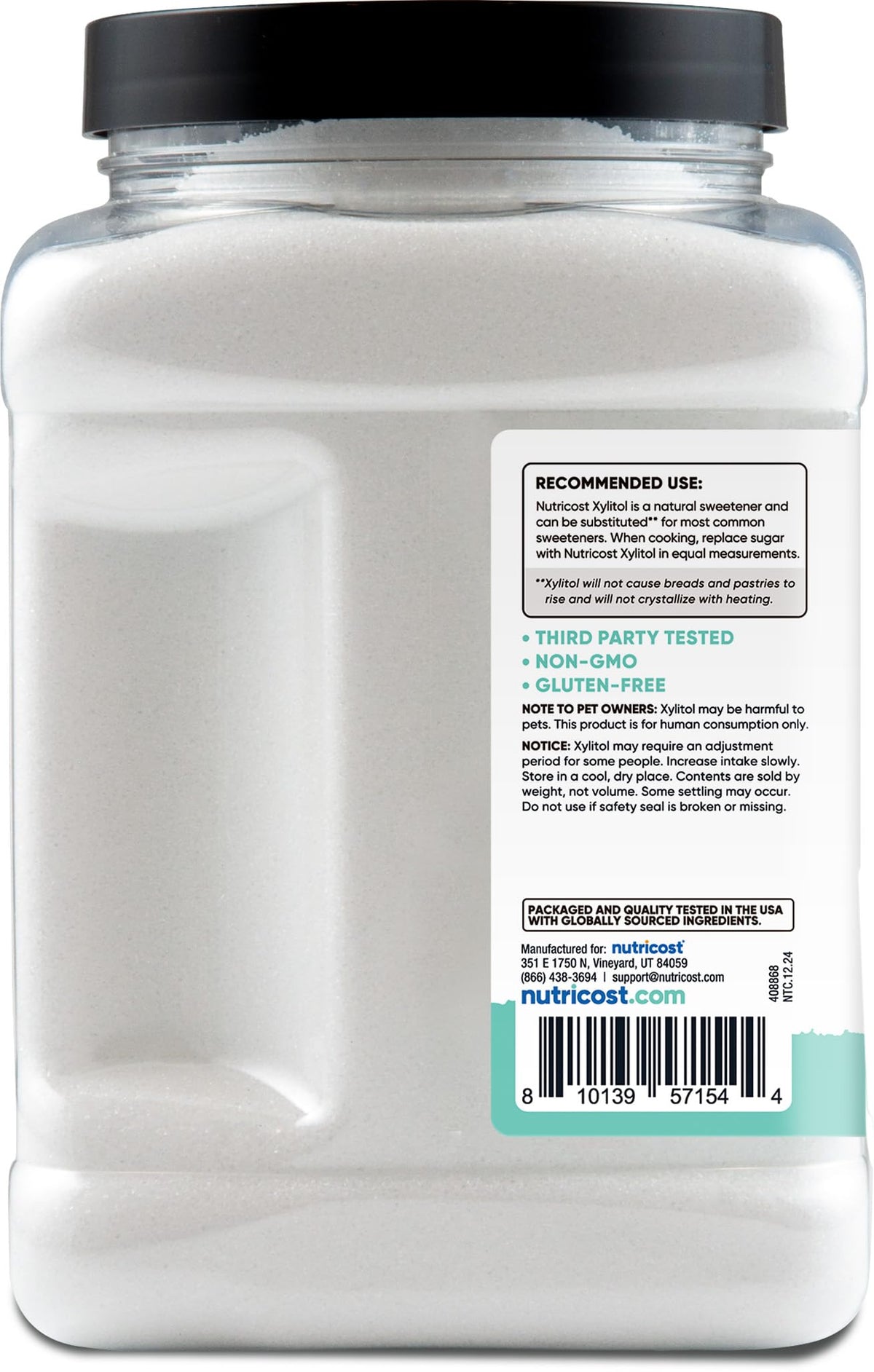 Nutricost Xylitol facts label highlights gluten-free and non-GMO attributes