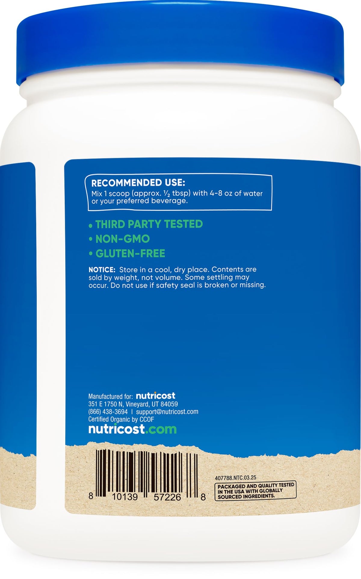 Nutricost Spinach Powder nutrition label close-up showing organic and gluten-free