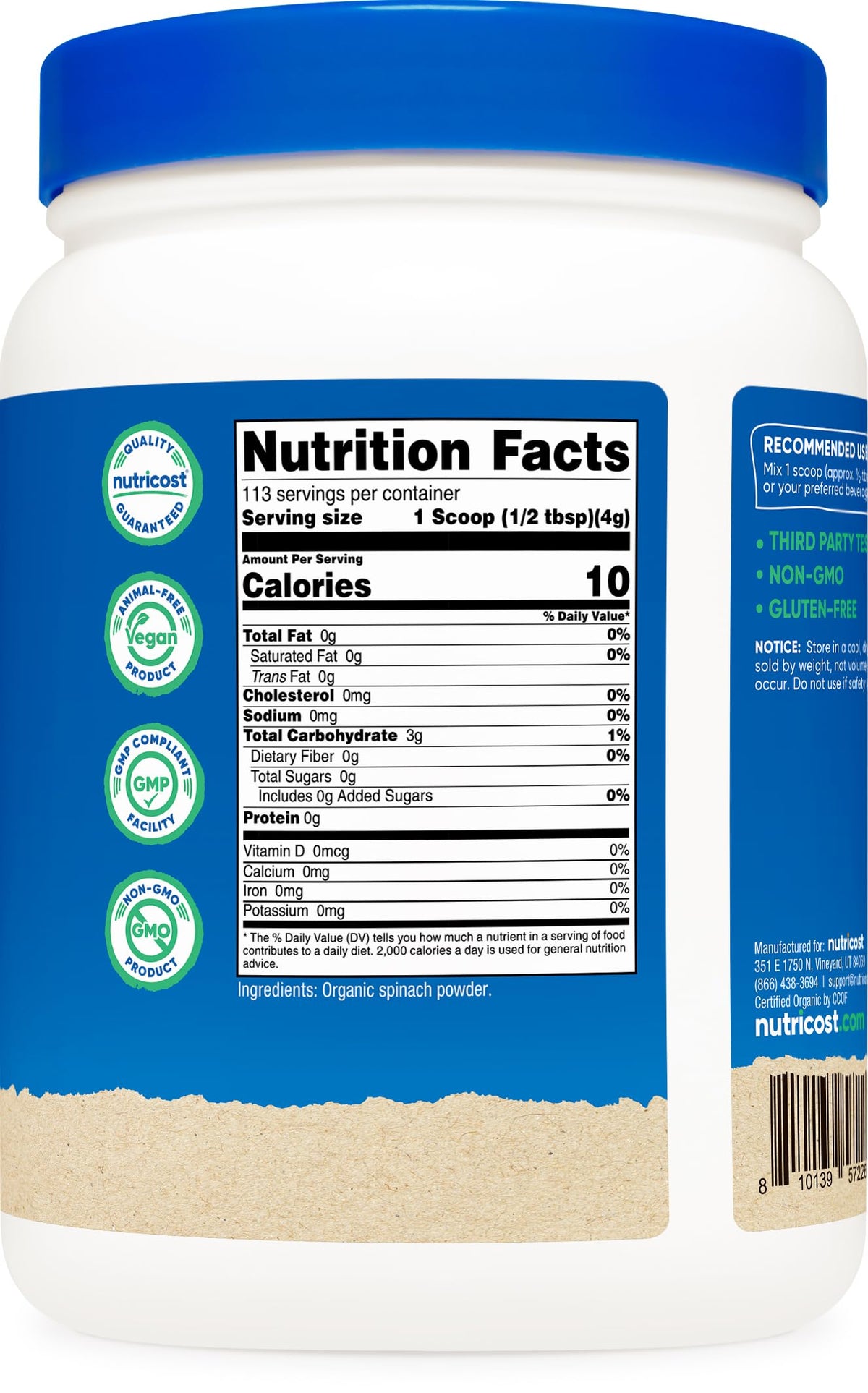Packaging display of Nutricost Spinach Powder highlighting quality and facility standards