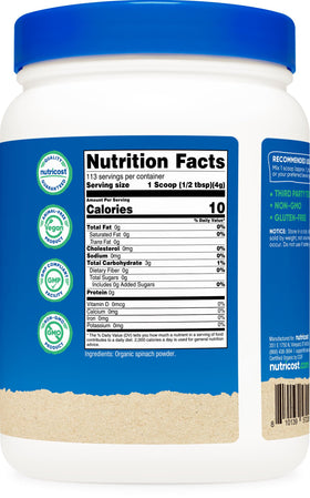 Packaging display of Nutricost Spinach Powder highlighting quality and facility standards