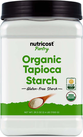 Nutricost Organic Tapioca Starch bag on shelf, gluten-free thickening option for cooking.