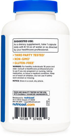 Nutricost vegan and gluten-free certification on packaging for dietary compliance.