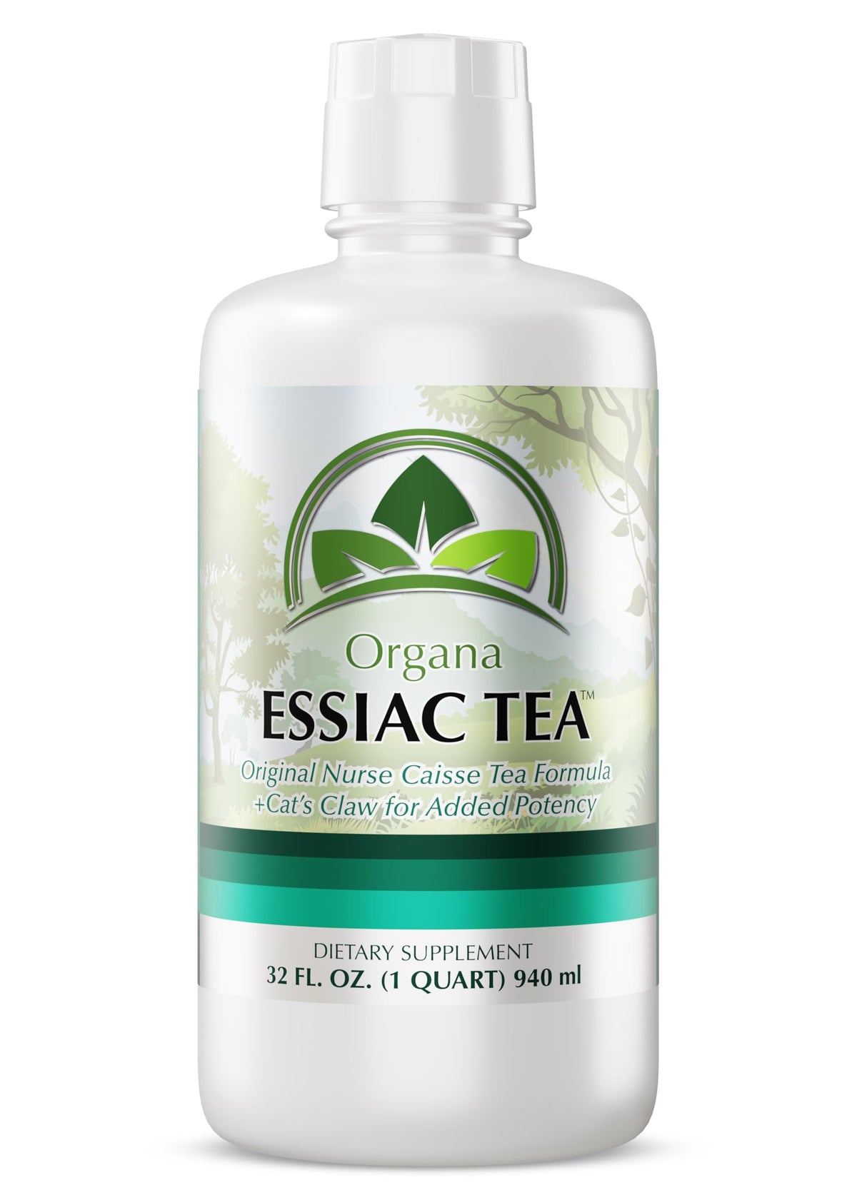 NutriNoche Organa Essiac Tea bottle on shelf in a clean kitchen.
