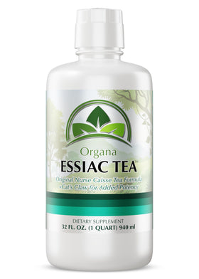 NutriNoche Organa Essiac Tea bottle on shelf in a clean kitchen.