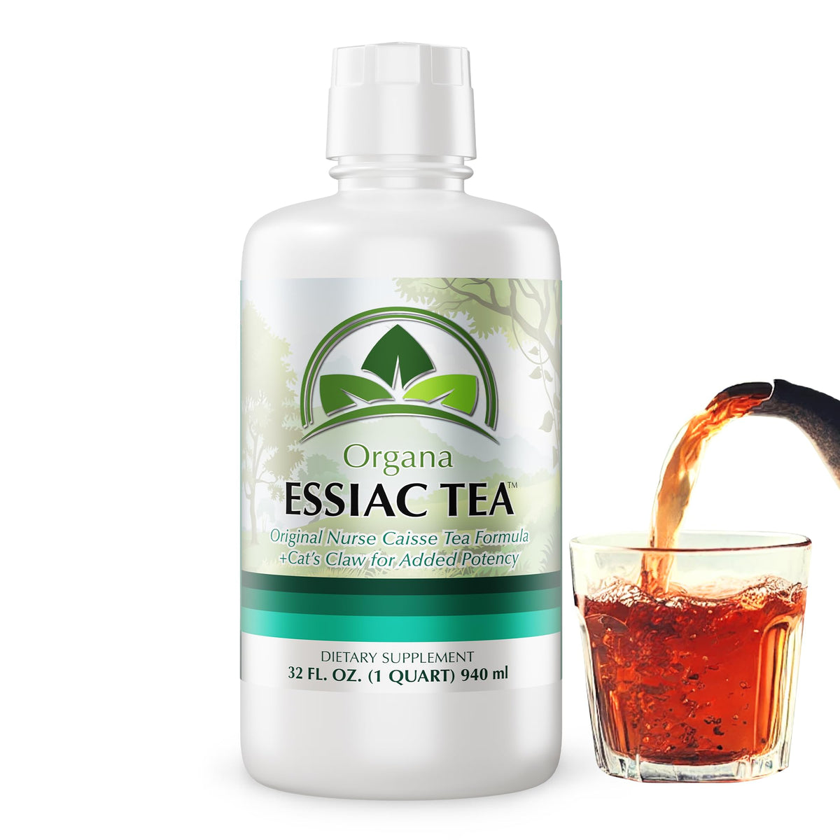 NutriNoche Organa Essiac Tea bottle on kitchen counter for daily wellness ritual.