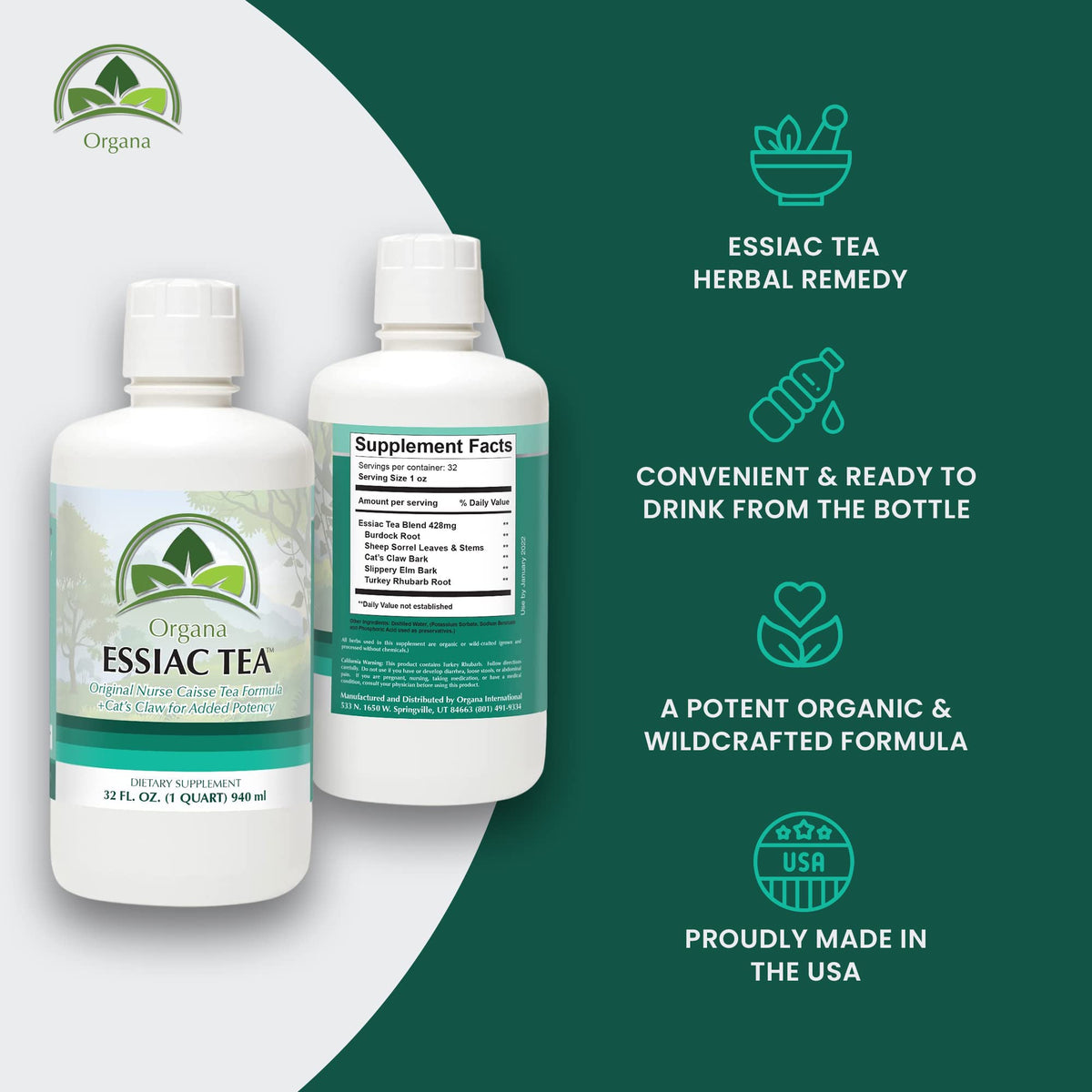 NutriNoche Organa Essiac Tea label highlighting organic and wildcrafted sourcing.