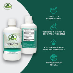 NutriNoche Organa Essiac Tea label highlighting organic and wildcrafted sourcing.