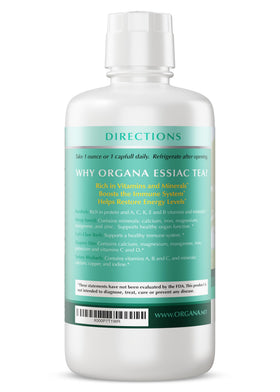 NutriNoche Organa Essiac Tea glass with infusion invites a calm wellness moment.