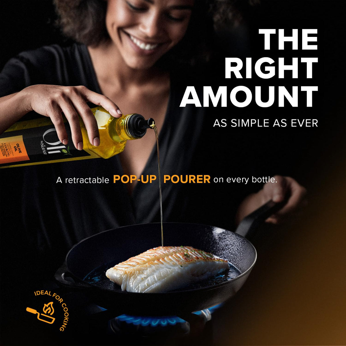 Nutrioli Oli pour-spout in action supports mess-free cooking.