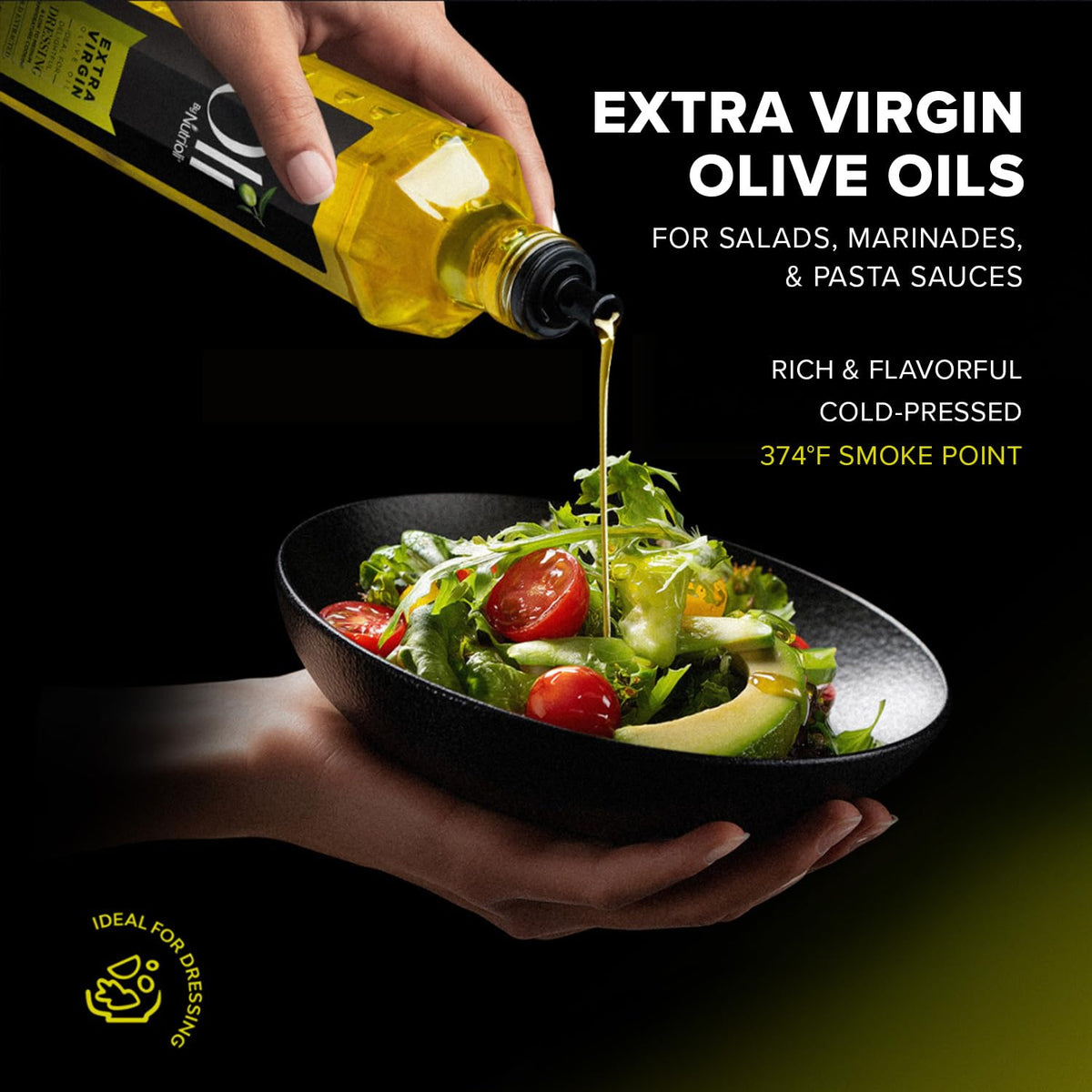 Nutrioli Oli EVOO in salad bowl with bright golden color.