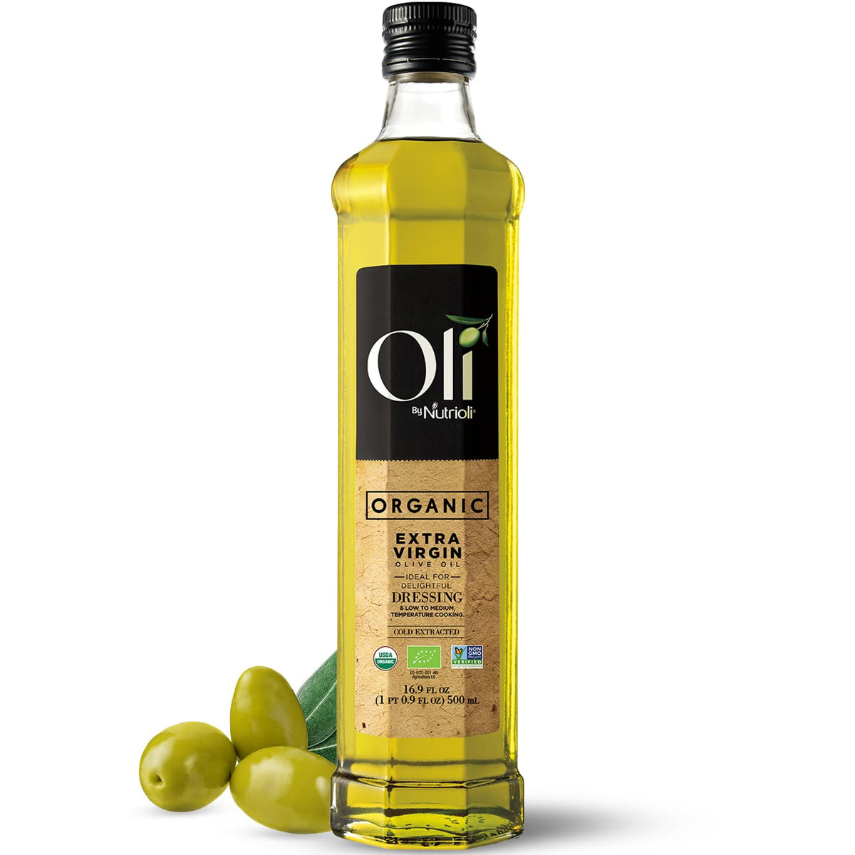 Nutrioli Oli organic EVOO bottle front view for kitchen use.