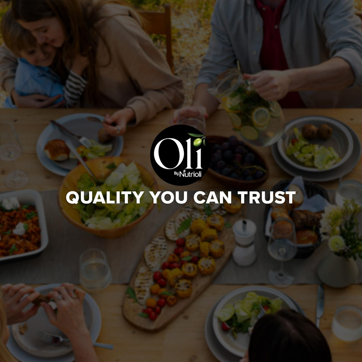 Nutrioli Oli packaging on kitchen counter with fresh produce.