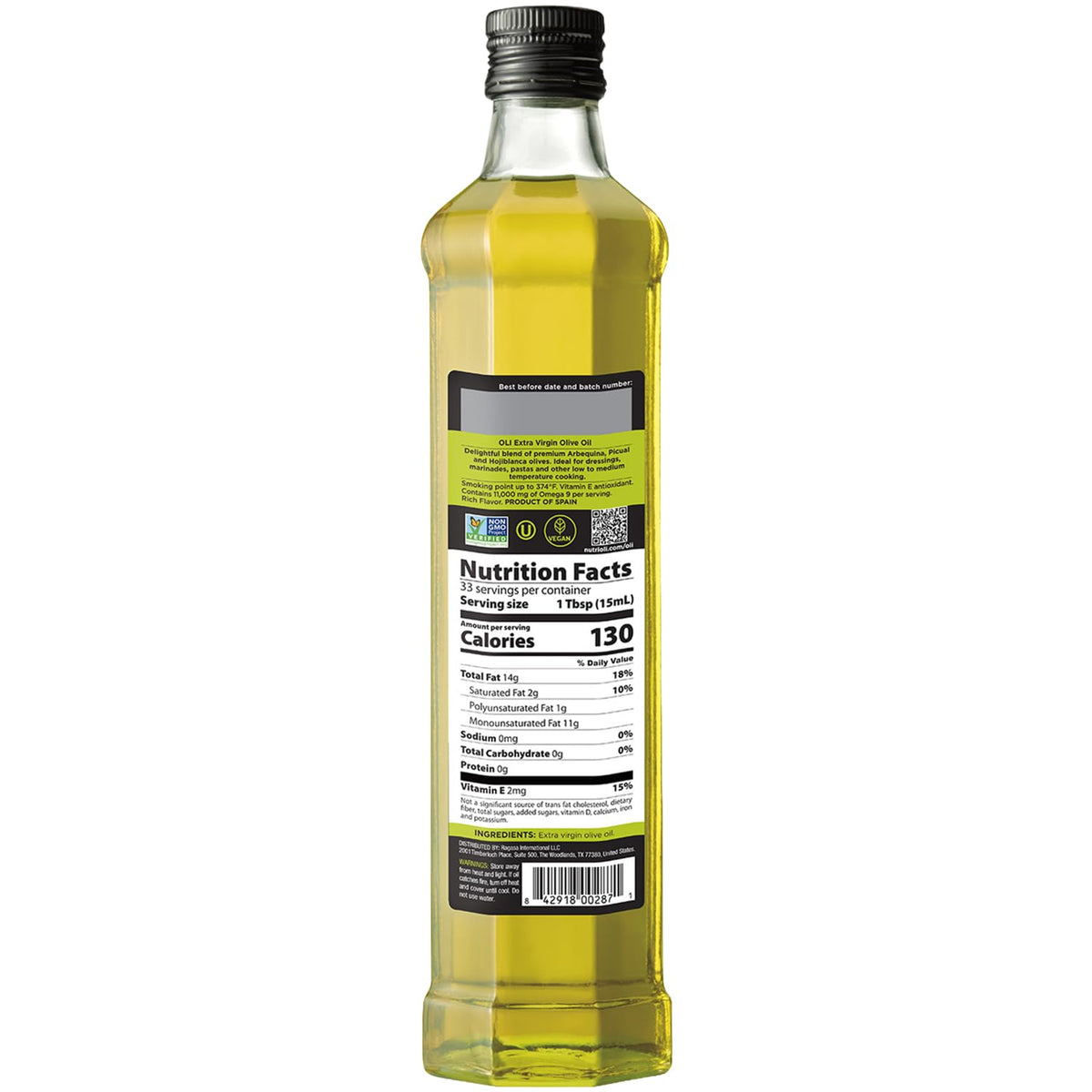 Nutrioli olive oil blend label close-up shows Spanish origin.