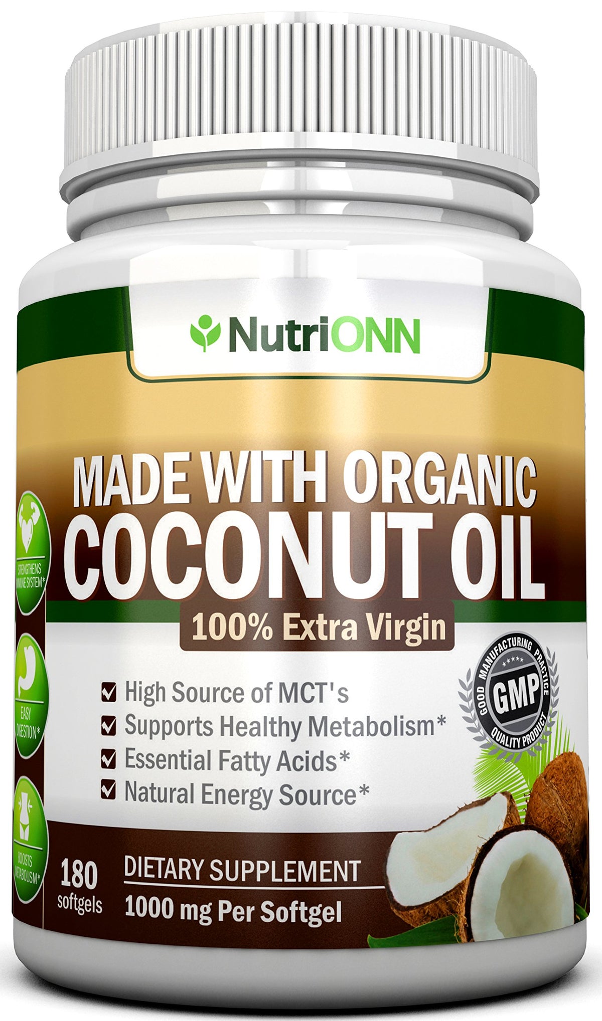 NutriONN coconut oil capsules bottle close-up for daily skin and hair hydration.
