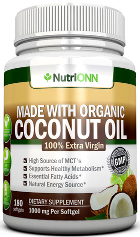 NutriONN coconut oil capsules bottle close-up for daily skin and hair hydration.