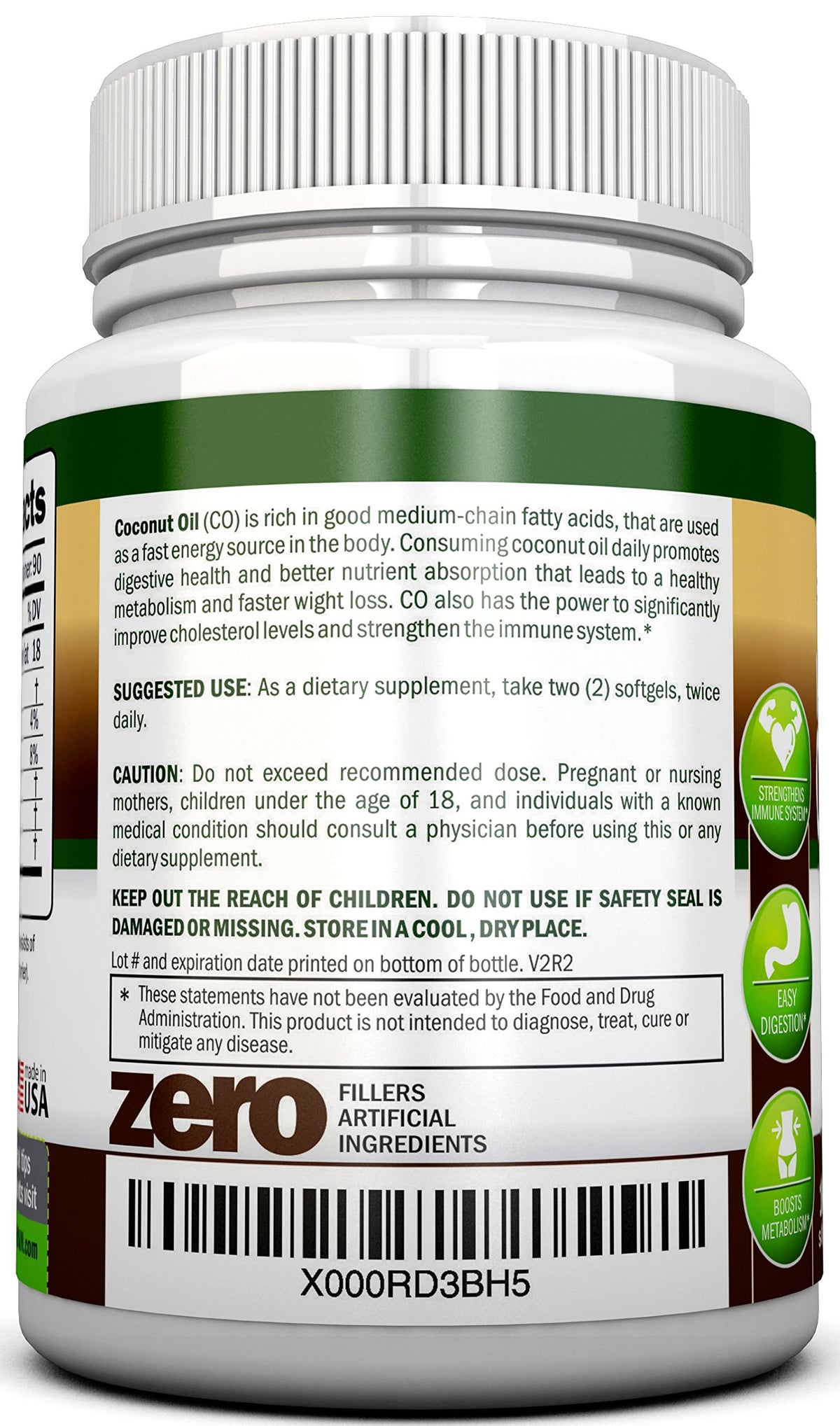 NutriONN coconut oil capsules pour shot highlighting easy-to-swallow softgels.