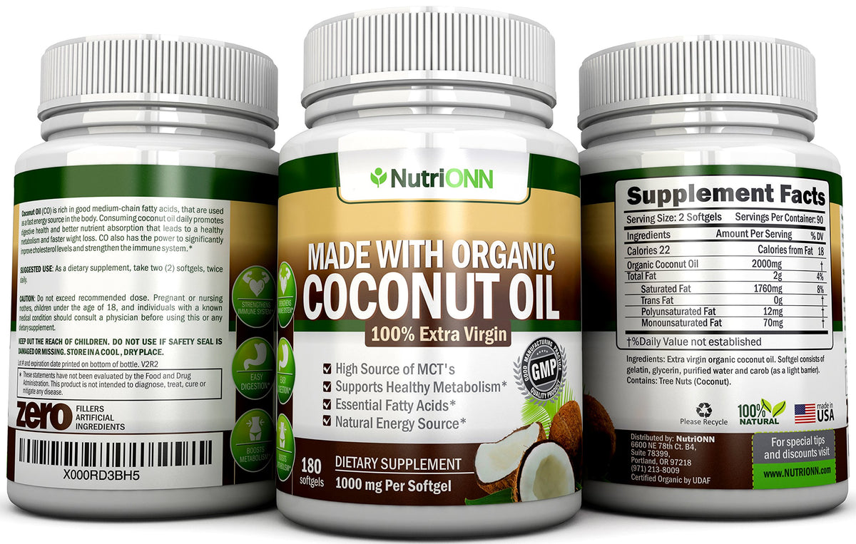 NutriONN coconut oil capsules on label suggest hair and skin use.