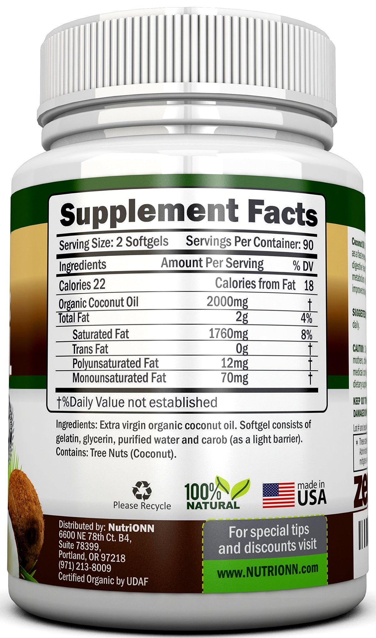 NutriONN coconut oil capsules label shows USDA Organic certification.