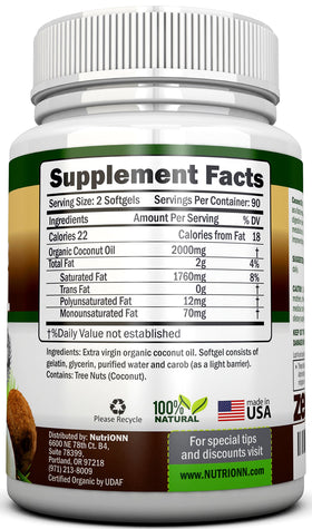 NutriONN coconut oil capsules label shows USDA Organic certification.