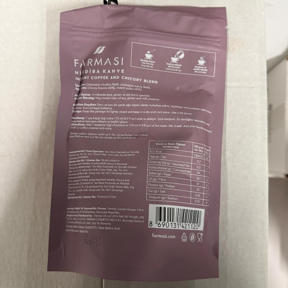 Close-up shows Nutriplus Farmasi packaging with chicory root notes.
