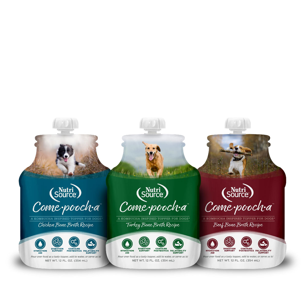 NutriSource Come-Pooch-A variety pack front packaging showing convenient meal toppers for dogs.