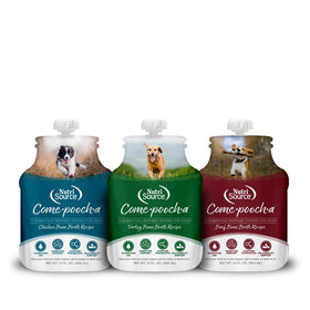 NutriSource Come-Pooch-A variety pack front packaging showing convenient meal toppers for dogs.