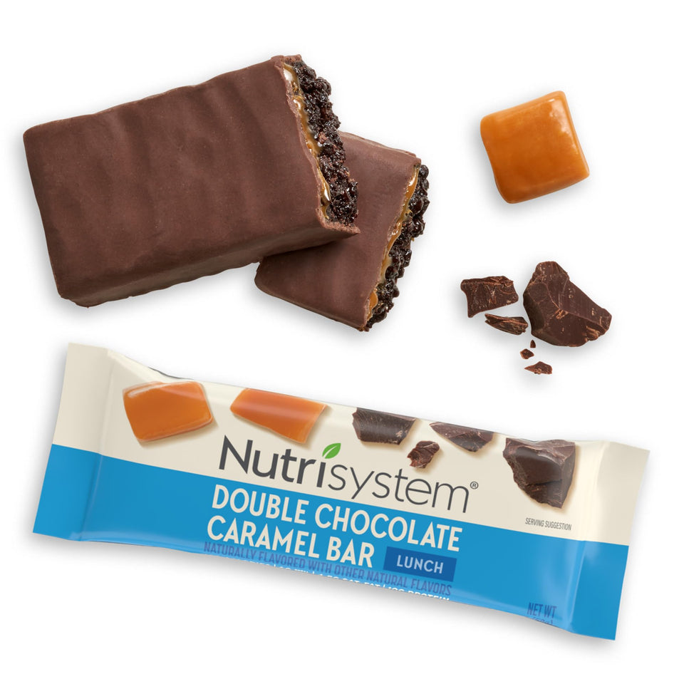 Nutrisystem Double Chocolate Caramel Lunch Bars box reveal, convenient for plan meals.