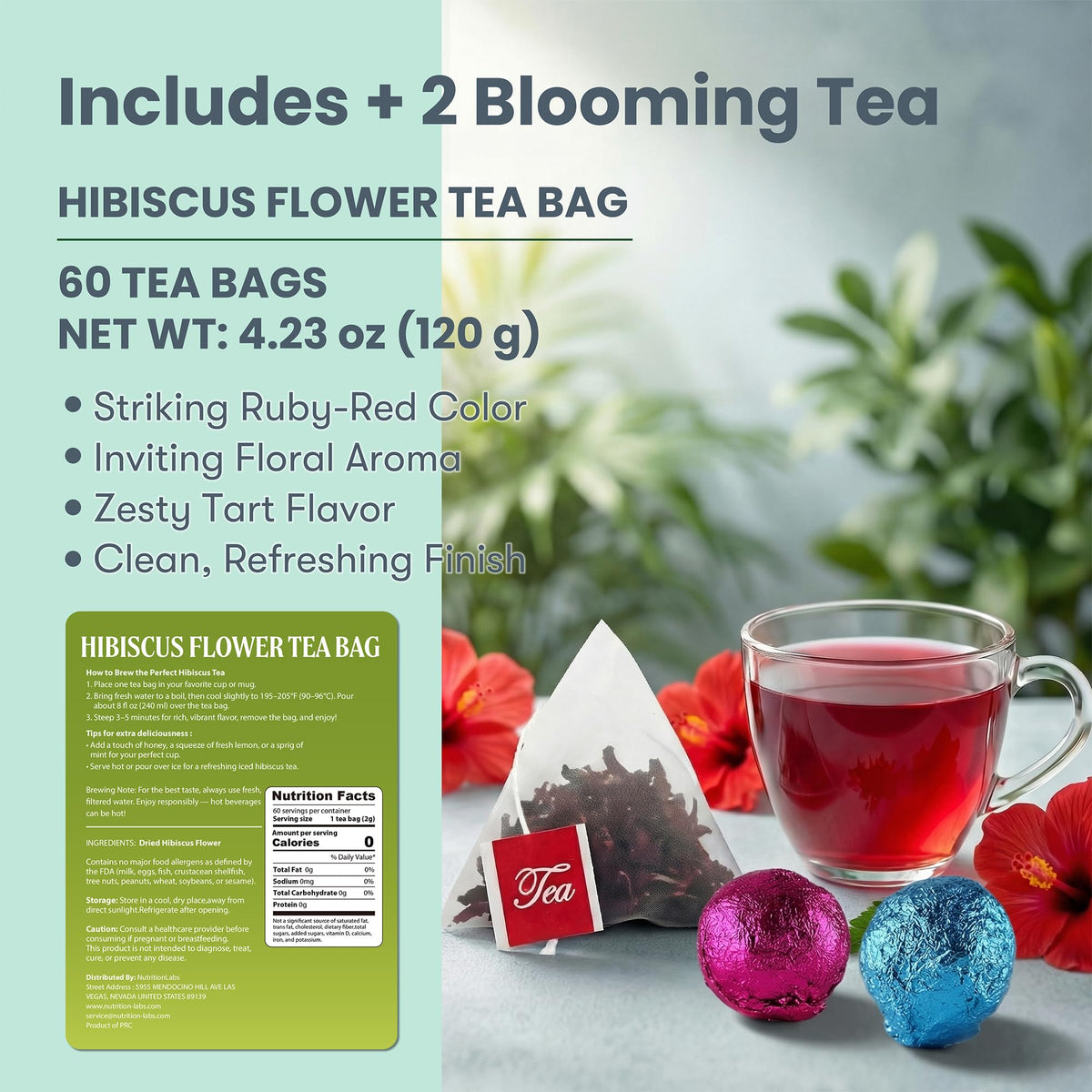 NutritionLabs blooming tea balls unfurling in hot water for a soothing visual ritual.