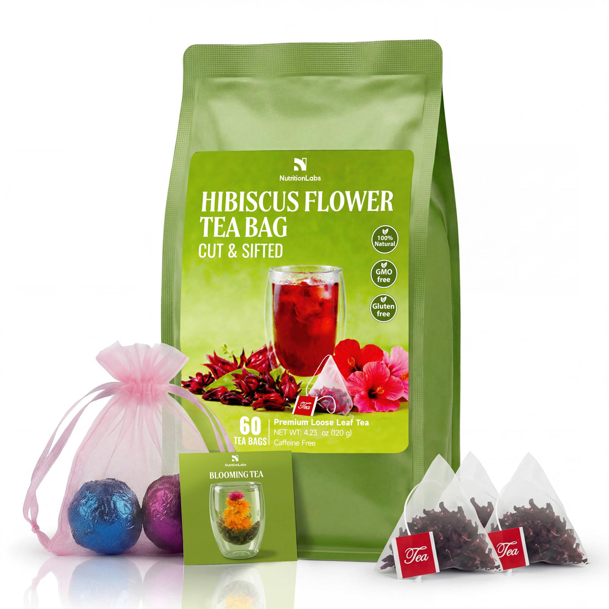 NutritionLabs hibiscus tea bags 60-count packaging shows vibrant color and fresh aroma.