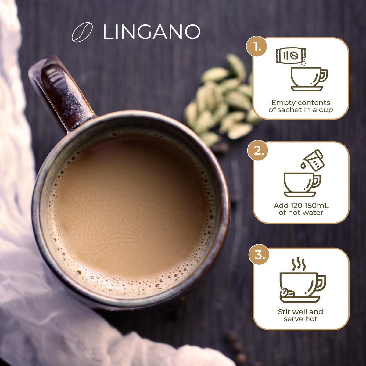 Close-up Ganoderma powder detail in Lingano sachet indicating quality ingredients.